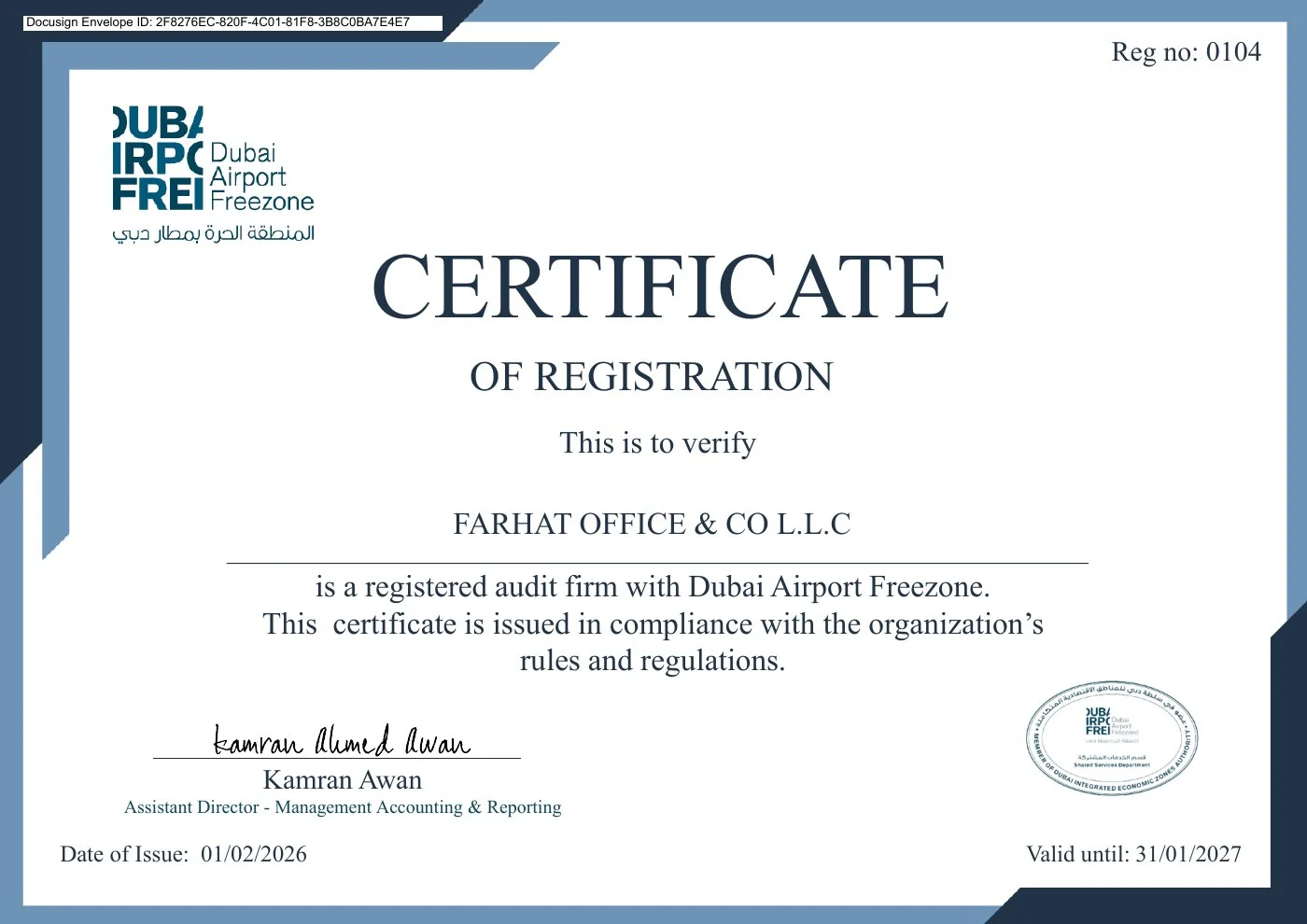 Dubai Airport Freezone certificate of registration for Farahat & Co. as a registered audit firm, Reg no 0104